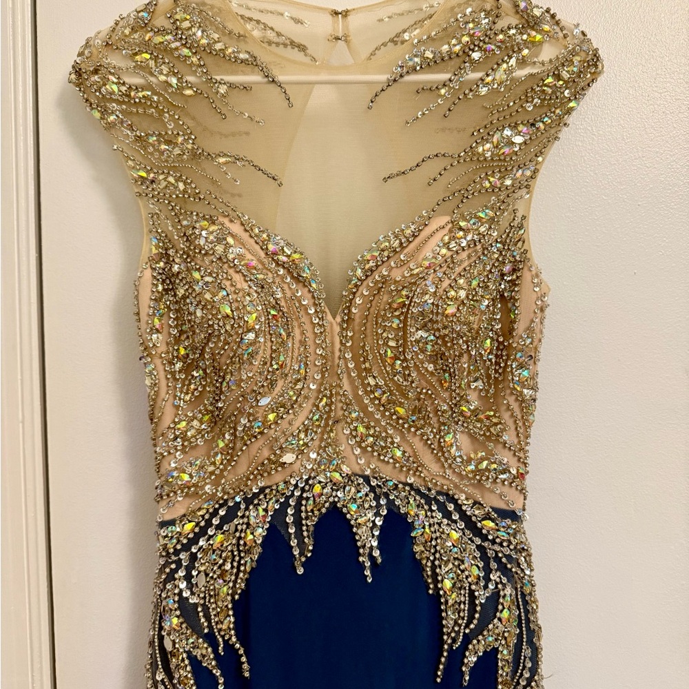 Elegant Beaded Evening Gown in Blue and Gold